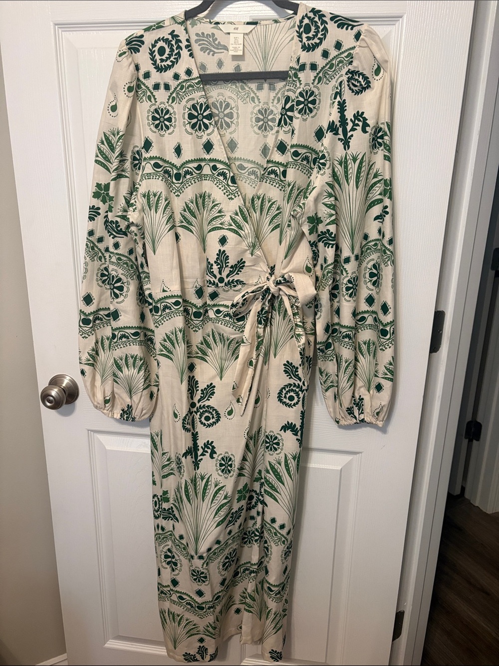 H&M Cream Wrap Midi Dress with Green Botanical Print